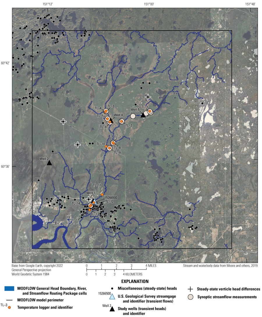 Map of groundwater flow and stream temperature model observations.