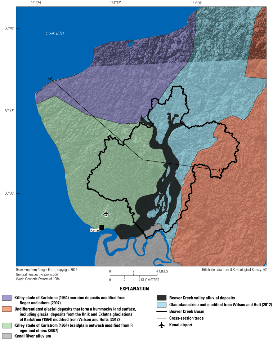 This map shows the surficial geologic deposits in the study basin and surrounding
                        areas. The Killey stade moraine located northwest of the basin. Glaciolacustrine deposits
                        extend from the northeast down through the middle and eastern side of the basin to
                        the Kenai River. The undifferentiated Knik and Eklutna glacial deposits are along
                        the eastern edge of the basin and continue to the east. The Killey stade braidplain
                        deposits cover the southwestern side of the basin and continue west to Cook Inlet.