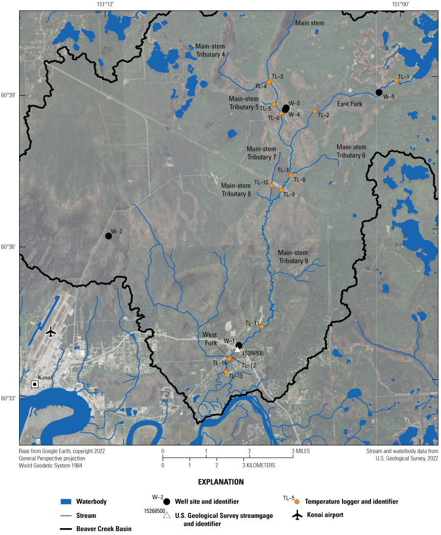 Temperature loggers are scattered throughout the basin, particularly at confluences
                        between tributaries and the main stem. Wells are mostly located near Beaver Creek
                        except for well W-2, which is on the western side of the basin away from the creek.
                        Wells 3 and 4 are collocated on the upper west branch of the creek and well W-5 is
                        located on the upper east branch near the lake outlet. The streamgage is near the
                        creek outlet and well W-1.