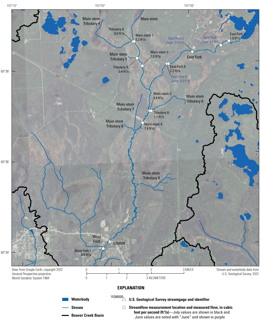 Streamflow was measured during the June and July field visits across the basin with
                        a gap between the northern and southern ends of the basin. Values were higher in June.
                        Measured flows increase moving downstream.