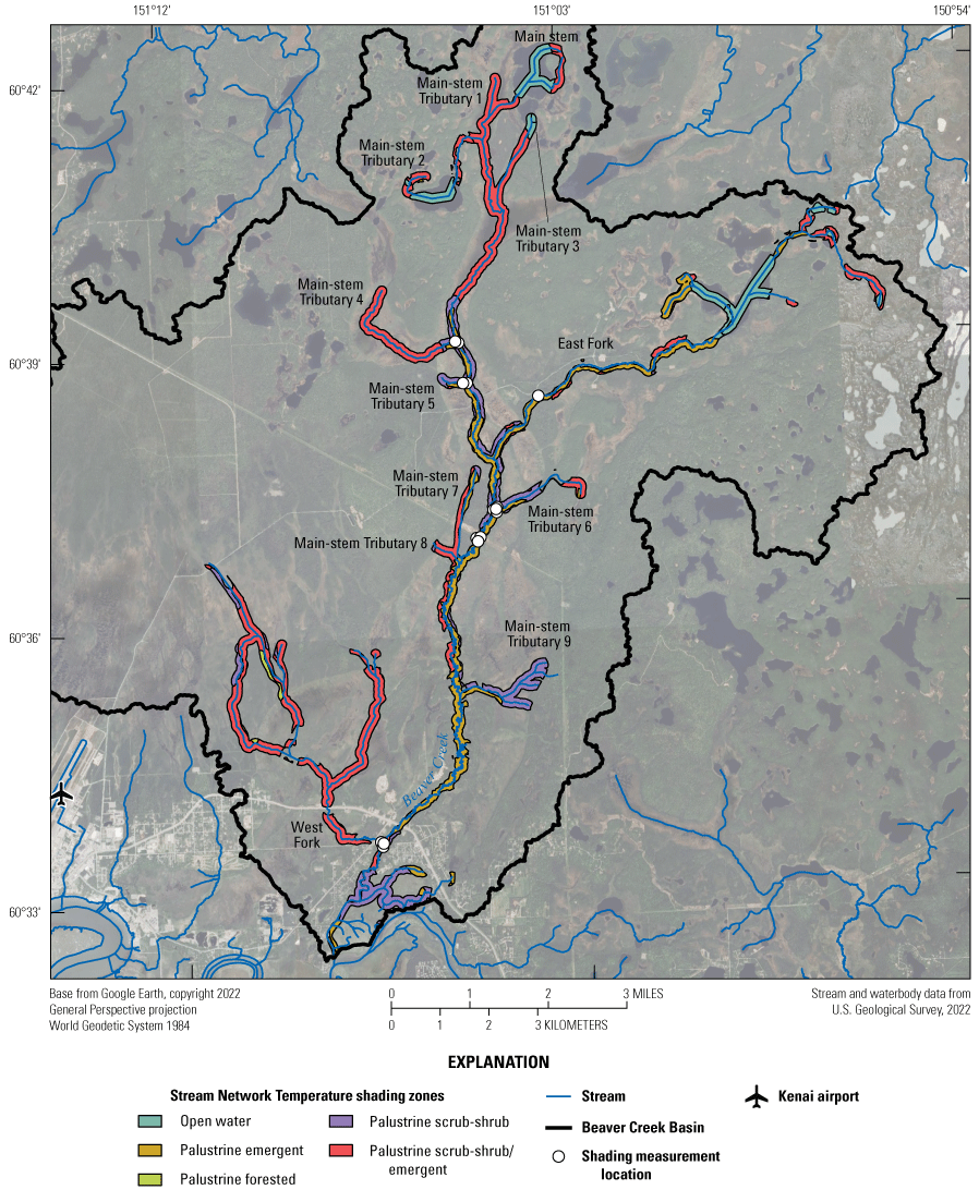 Wetland shading zones are shown in different colors. The mixed palustrine scrub-shrub/emergent
                        and palustrine emergent zones are most common in the basins. The palustrine scrub-shrub
                        and nonwetland zones tend to be in smaller tributary valleys. Locations where shading
                        measurements were made are shown with white circles.