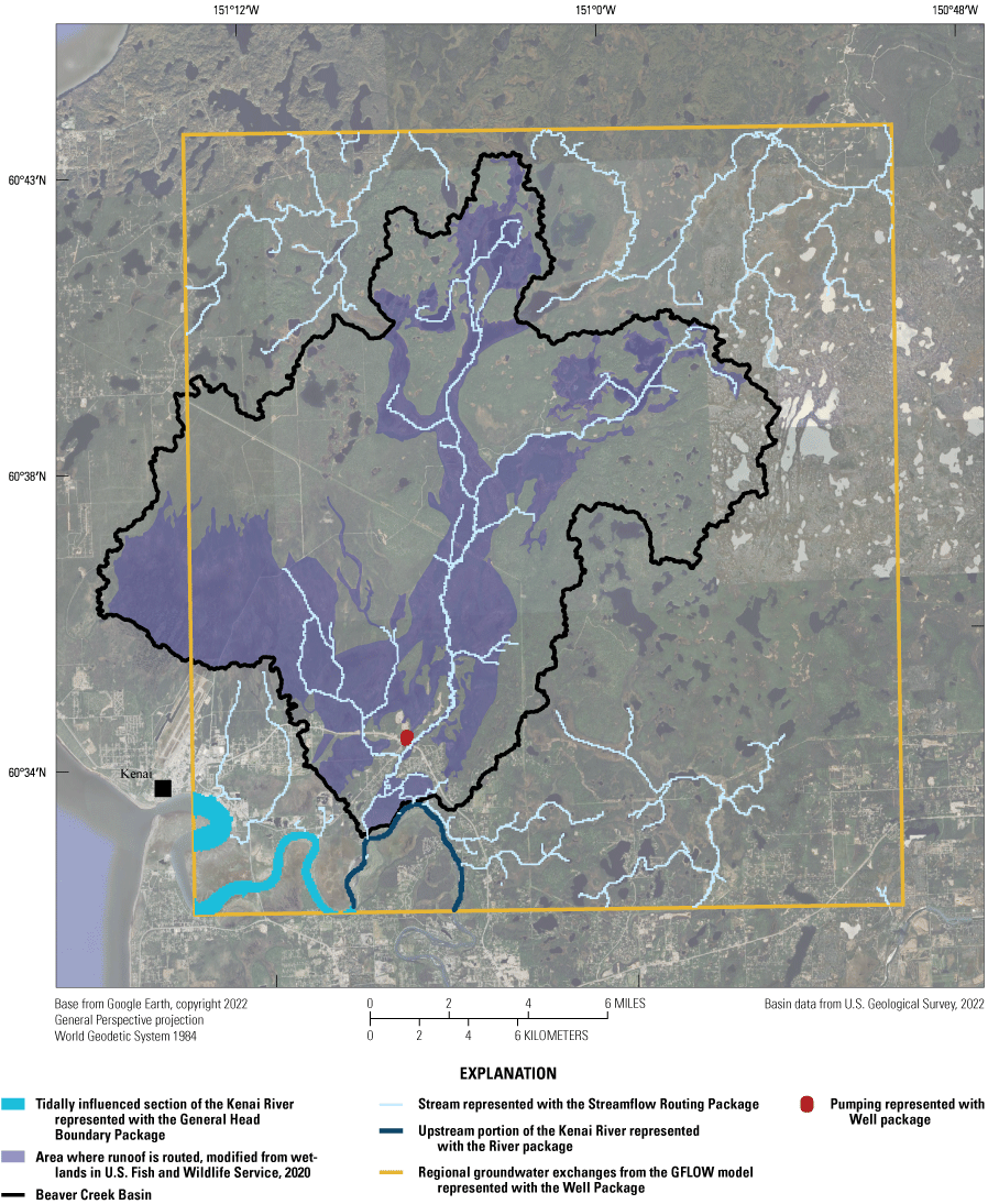 The edges of the model have regional groundwater exchanges from the GFLOW model and
                        are represented with the Well Package. The stream network in the Beaver Creek Basin
                        and surroundings basins is represented with the Streamflow Routing Package. Near the
                        outlet with Cook Inlet the tidally influenced portion of the Kenai River is represented
                        with the General Head Boundary Package. Upstream and east of this the Kenai River
                        is represented with the River Package. Pumping is limited to a few locations in the
                        southern part of the basin. The routed runoff area is mostly located in areas adjacent
                        to the Beaver Creek channel.