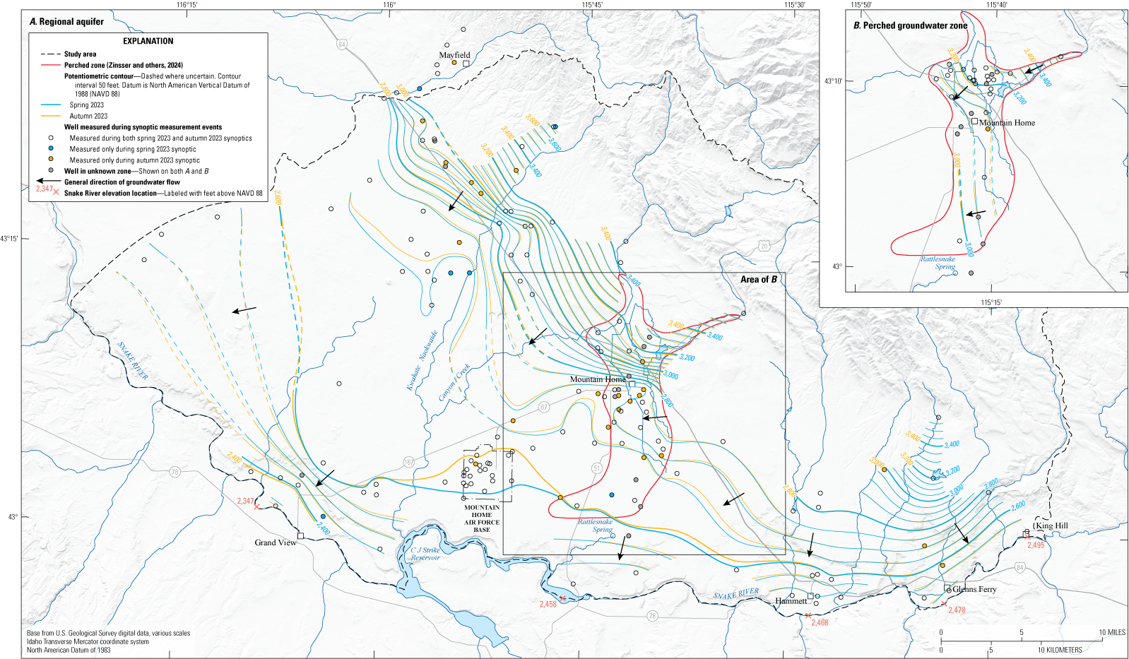 Groundwater generally flows from the foothills in northeast toward the Snake River
in the south-southwest.