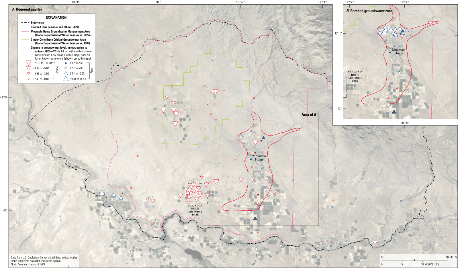 Groundwater levels declined through most of the study area, with the biggest declines
occurring in the Cinder Cone Butte Critical Groundwater Area. Groundwater levels increased
in the north of the City of Mountain Home and near the Snake River.