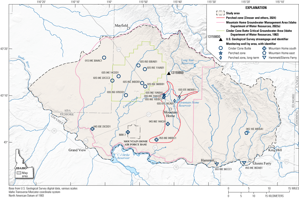 Long-term groundwater monitoring wells are located in the Cinder Cone Butte Critical
Groundwater Area, near the Cities of Mountain Home, Hammett, and Glenns Ferry, and
on the Mountain Home Air Force Base.