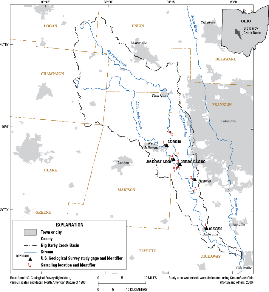 Most study sites are clustered toward the junctions where Little Darby Creek and Hellbranch
                        Run flow into Big Darby Creek.