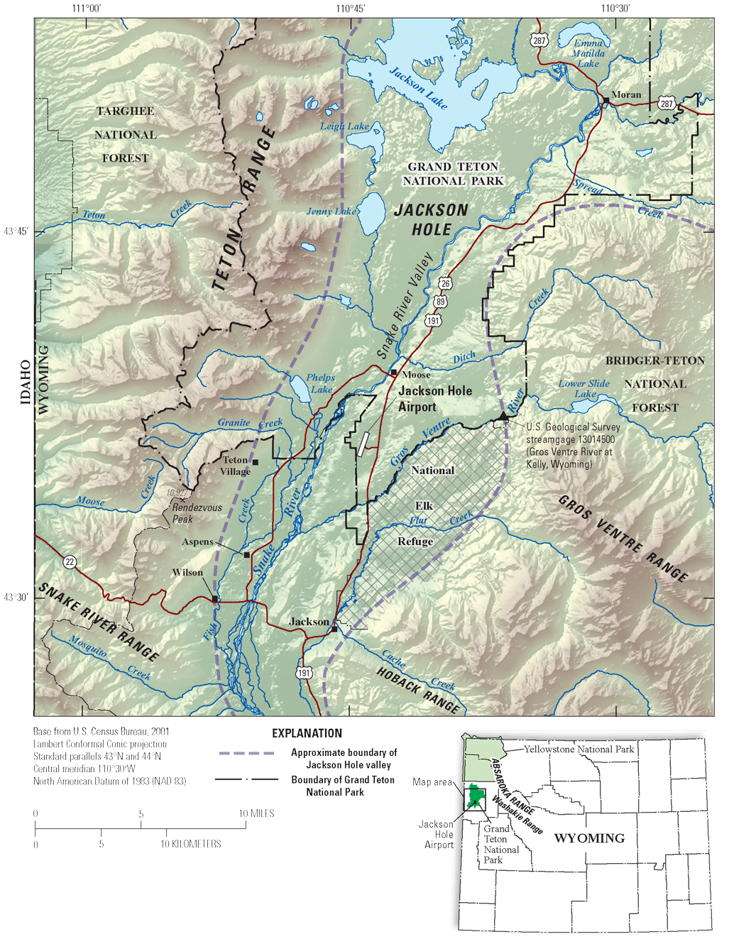 Map with boundaries of Jackson Hole Valley and Grand Teton National Park in northwest
Wyoming.