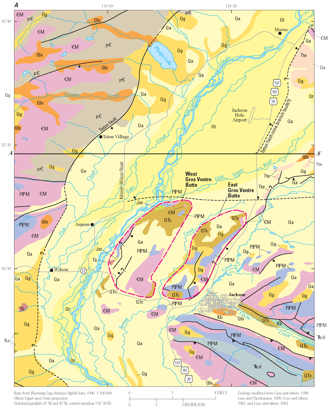 Figure has two parts. One, Quaternary surficial deposits in the middle are gravel,
pediment, and alluvial fan deposits; alluvium and colluvium. Two, bedrock underlying
Quaternary deposits consists of sedimentary, igneous, metasedimentary, and metavolcanic
rock.