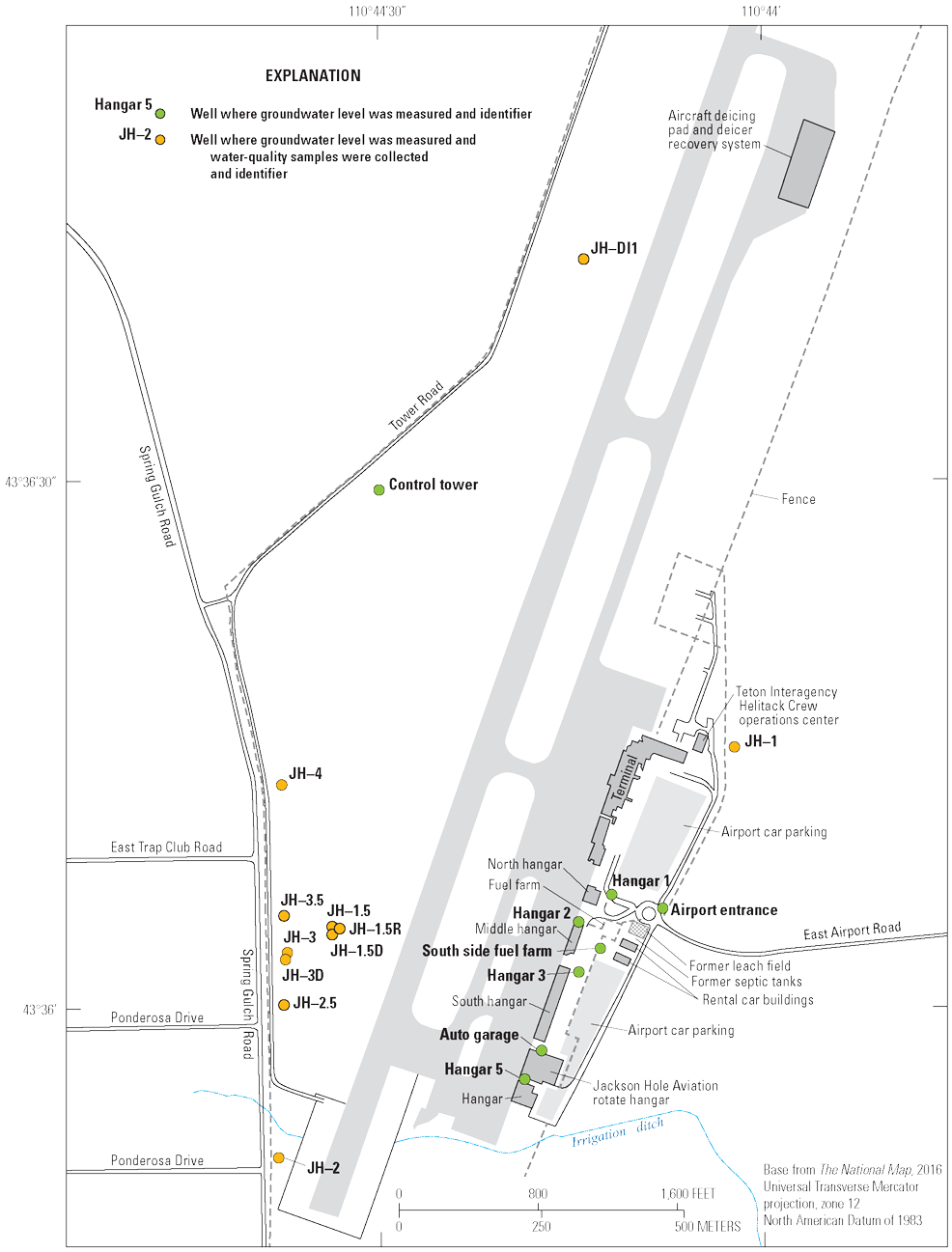 Groundwater levels and quality were measured mostly in the south of the airport near
Spring Gulch Road and the airport entrance.