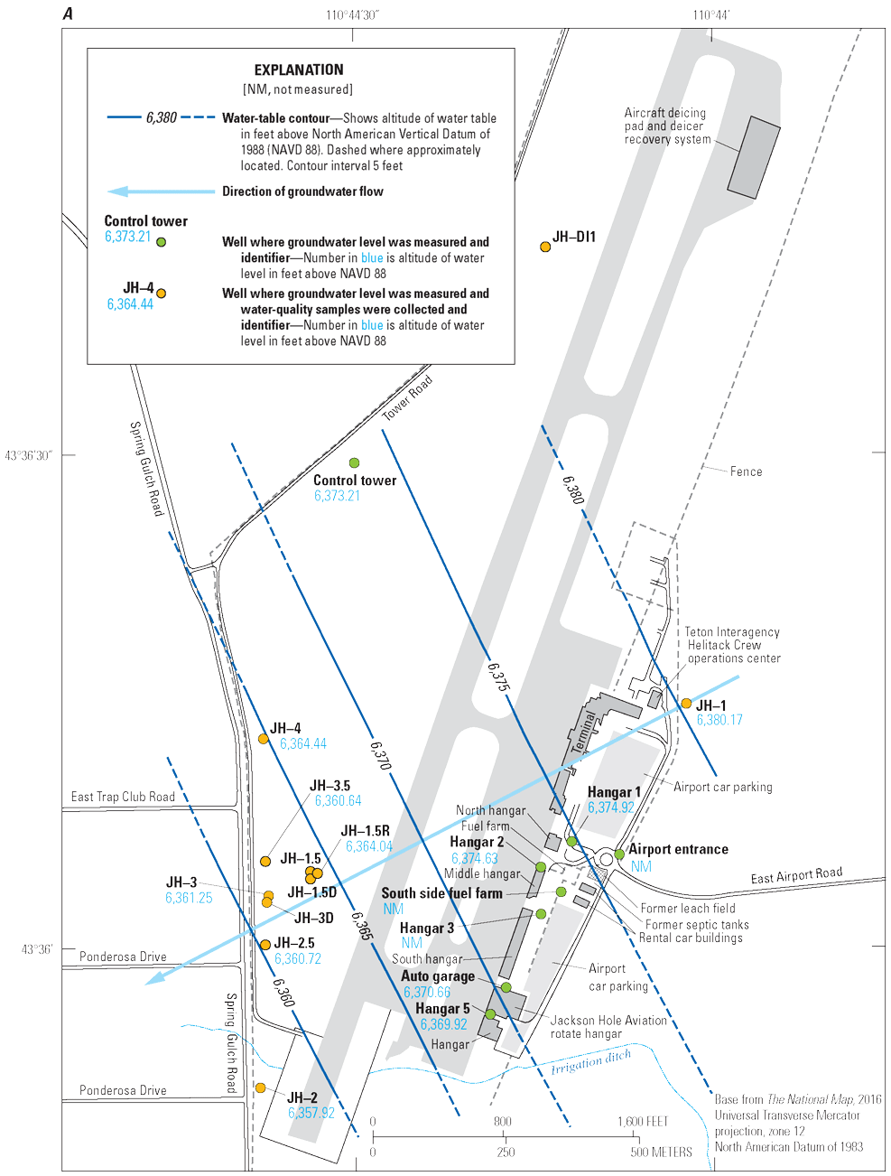 Figure has two parts. For both, groundwater flow is toward the southwest and the contours
indicate a decrease in the hydraulic gradient of approximately 20 feet across the
airport.