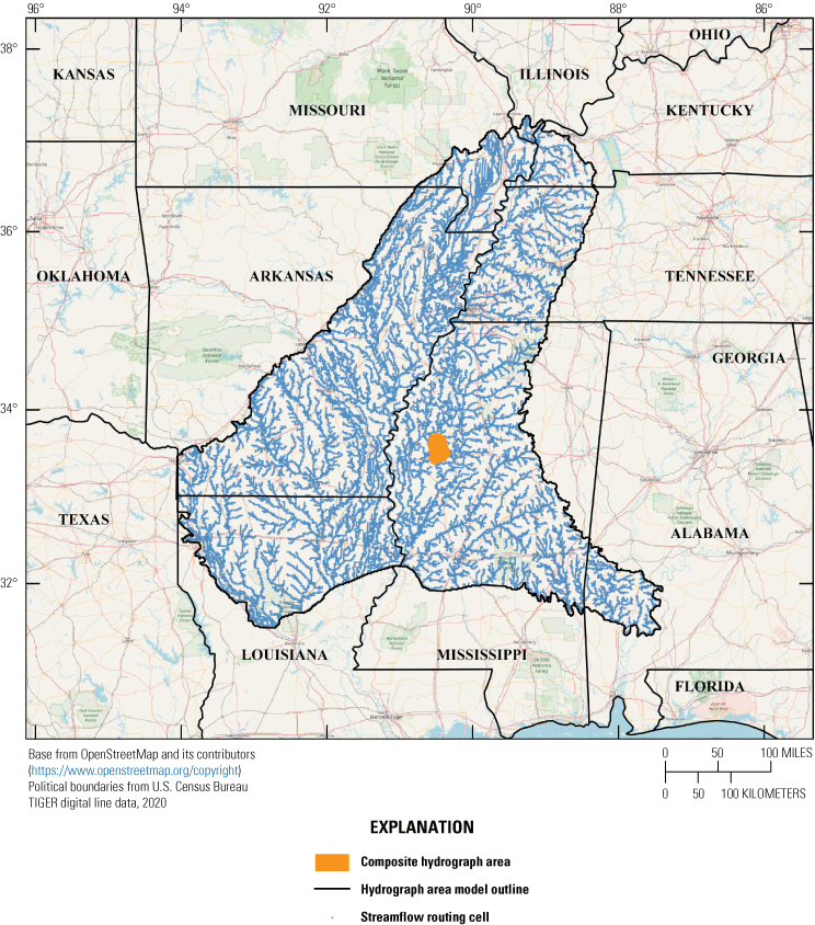 Location of the composite hydrograph area within the Mississippi Embayment Regional
Aquifer Study model footprint, Arkansas, Missouri, Illinois, Kentucky, Louisiana,
Mississippi, and Alabama.