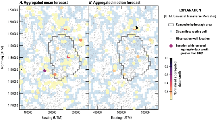 Aggregated data worth for removed, existing observation locations across all stress
periods for mean and median drawdown forecasts.
