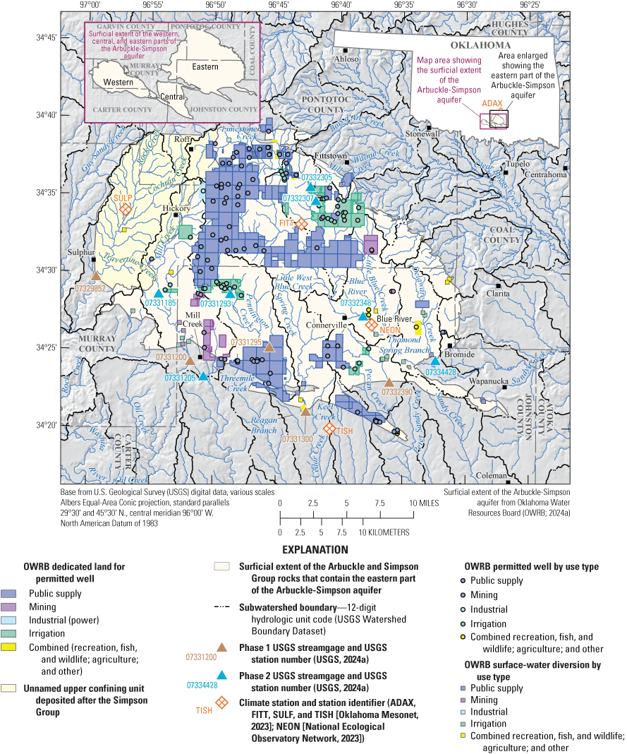 Most of the permitted wells in the eastern part of the Arbuckle-Simpson aquifer are
for public supply and irrigation