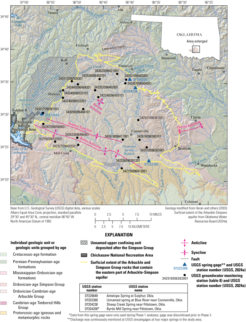 Four USGS spring gages were used to measure spring discharge, and 19 groundwater monitoring
stations were used to measure groundwater levels in the eastern part of the Arbuckle-Simpson
aquifer