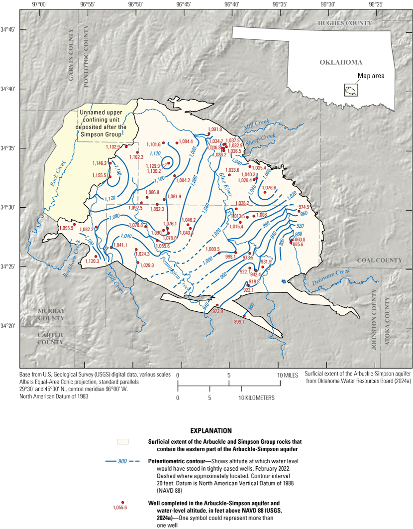 Water-level altitudes ranged from 860.8 to 1,155.5 feet above North American Vertical
Datum of 1988 in February 2022