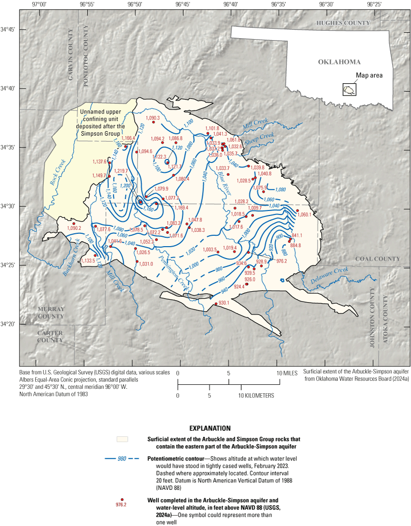 Water-level altitudes ranged from 841.1 to 1,219.7 feet above North American Vertical
Datum of 1988 in February 2023