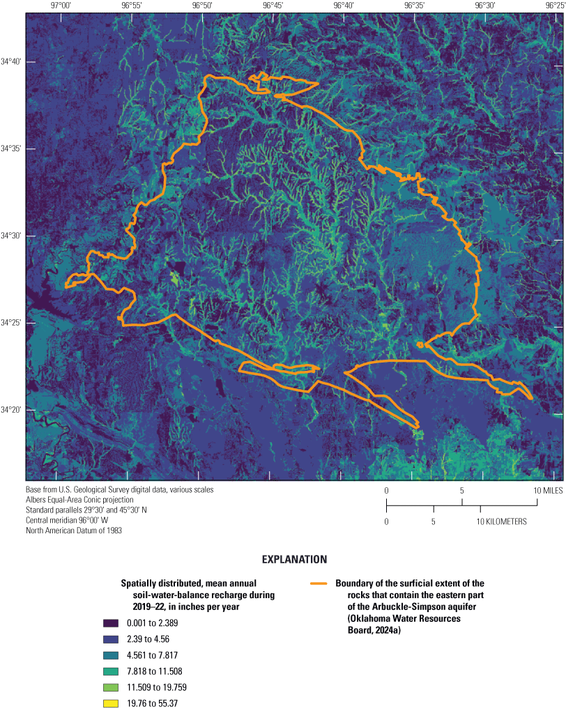 Spatially distributed mean annual recharge ranged from 0.001 to 55.37 inches per year,
calculated by using the Soil-Water-Balance code, 2019–22