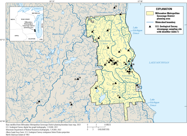 Sites where sediment samples were collected in and near the Milwaukee Metropolitan
Sewerage District planning area in Wisconsin.