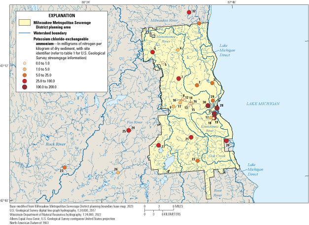 Potassium-exchangeable ammonium concentration at the 32 sites. Concentrations ranged
from 0 to 200 milligrams of nitrogen per kilogram dry sediment.