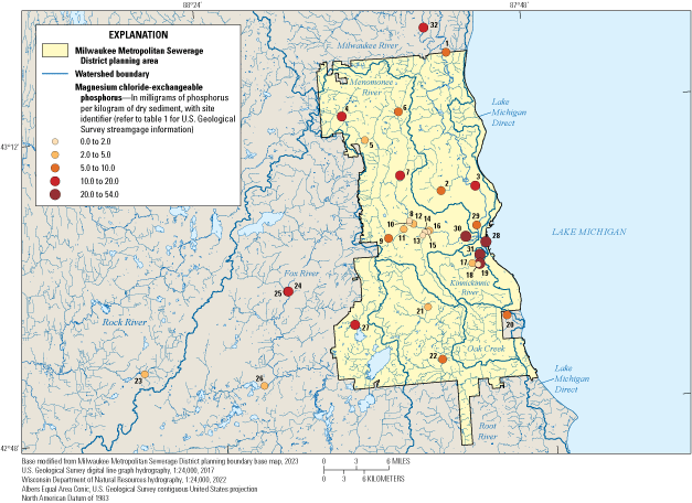 Magnesium chloride-exchangeable phosphorus concentration at each of the 32 sites.
Concentrations ranged from 0 to 54 milligrams of phosphorus per kilogram dry sediment.