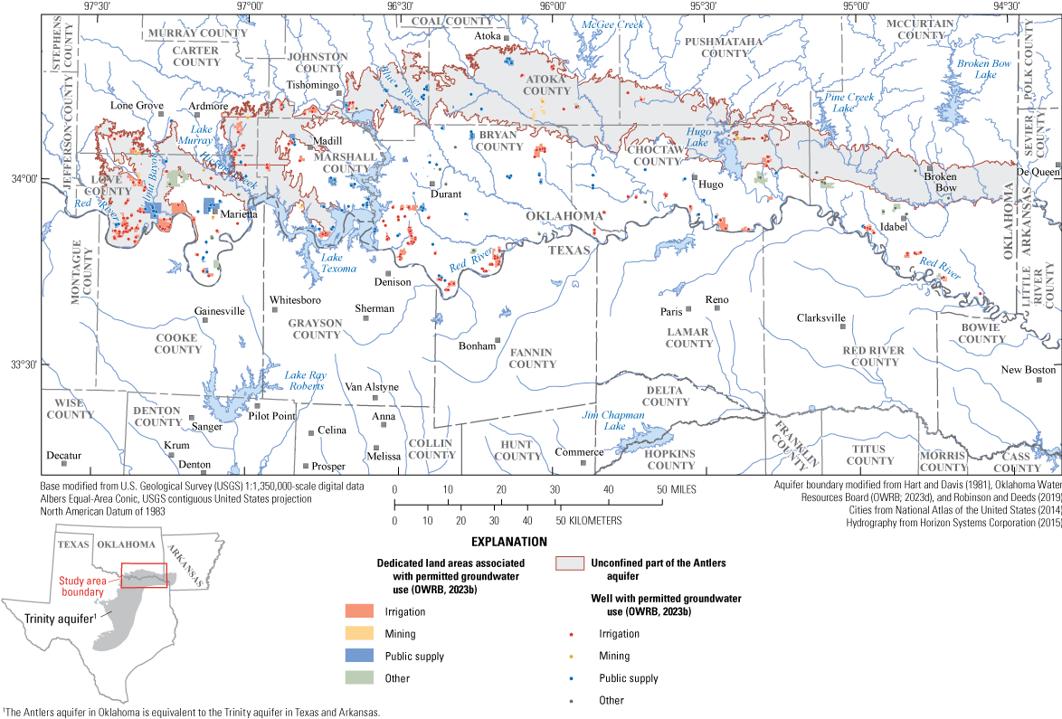 Locations of well permits and dedicated lands for the Antlers aquifer in Oklahoma.