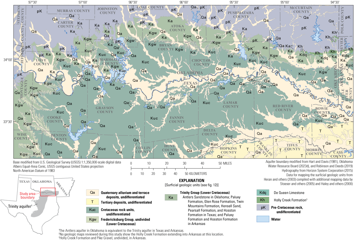 Surficial geological units, with alluvium and terrace deposits overlying the Cretaceous
units.
