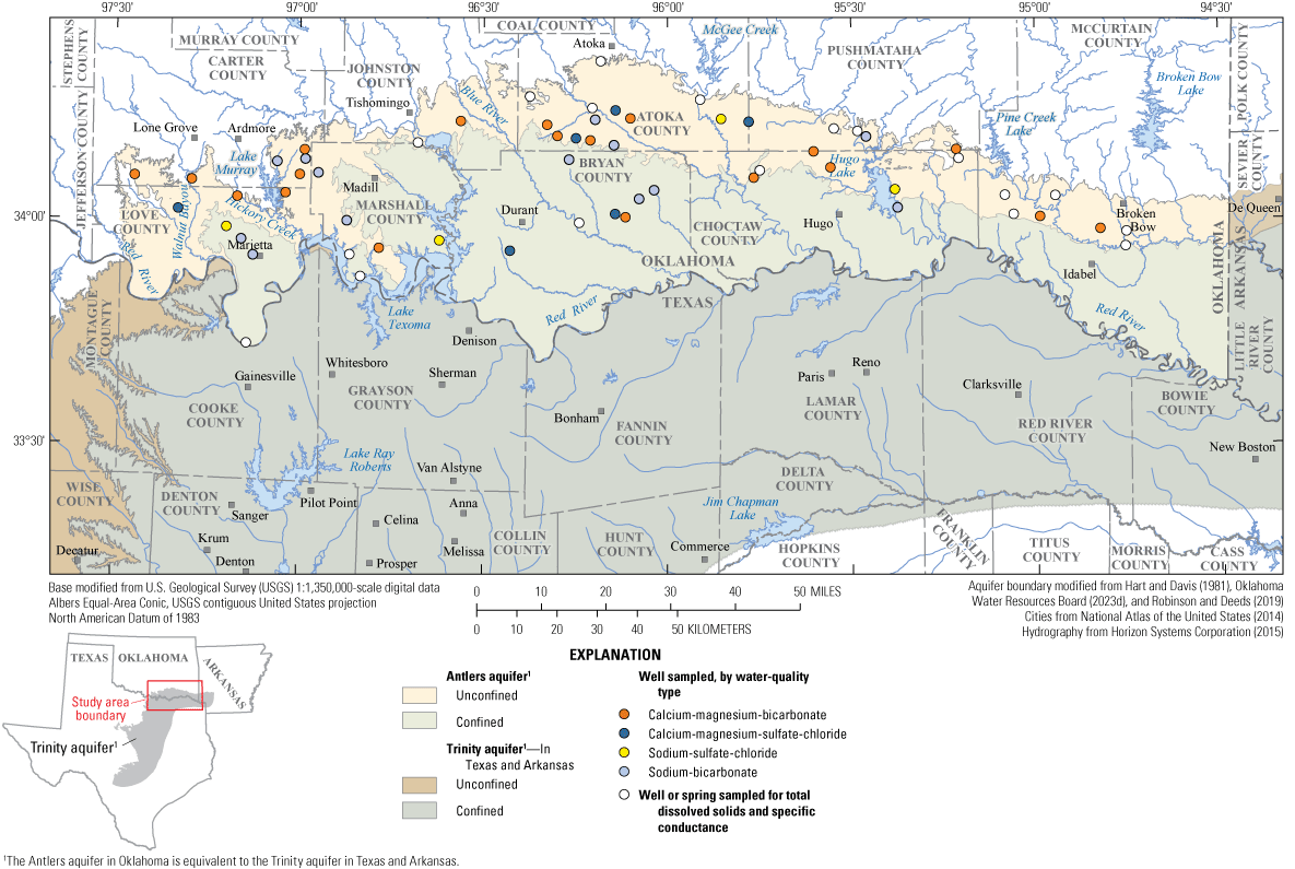 Locations and water-types of the sample sites used in the water-quality analysis.
