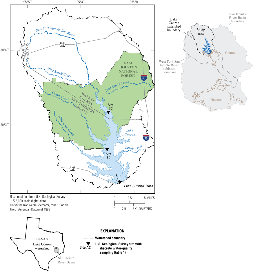 Three water-quality sites shown on Lake Conroe within the Lake Conroe watershed.