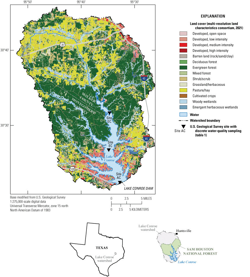 Land cover in the Lake Conroe watershed is primarily forested land, with urban areas
                        near the southern part of the reservoir.