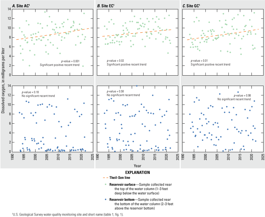 Significant positive trends for near-surface samples at all sites and no trends for
                        near-bottom samples for recent period.