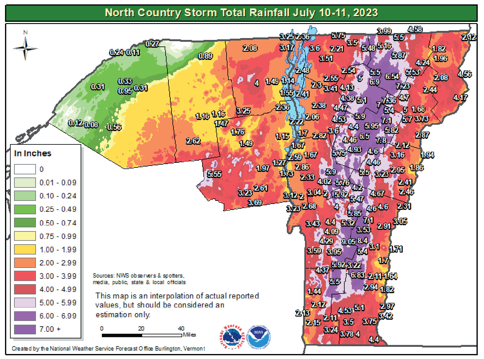 Storm rainfall totals are highest along the spine of the Green Mountains in the center
                     of the State of Vermont.
