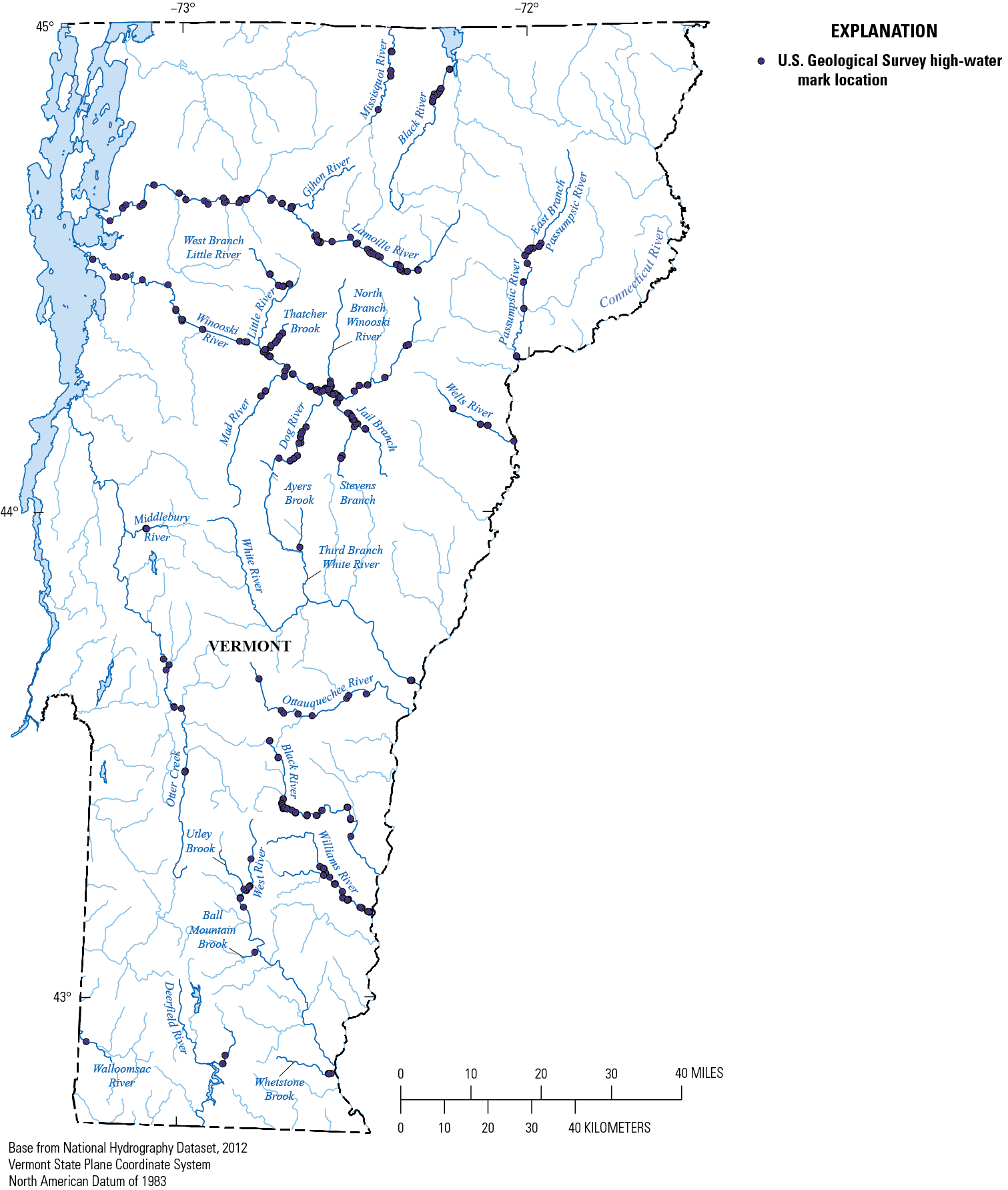 Locations of 547 high-water marks surveyed across Vermont.