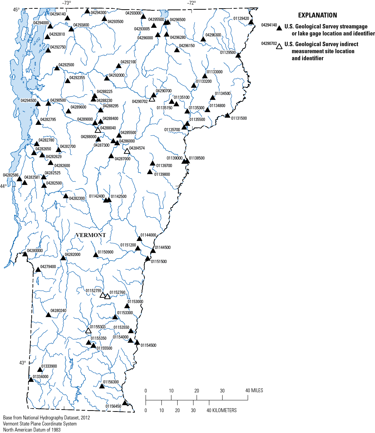 Locations of 80 USGS gages and 6 indirect discharge measurements made throughout Vermont
                        to document the flood.