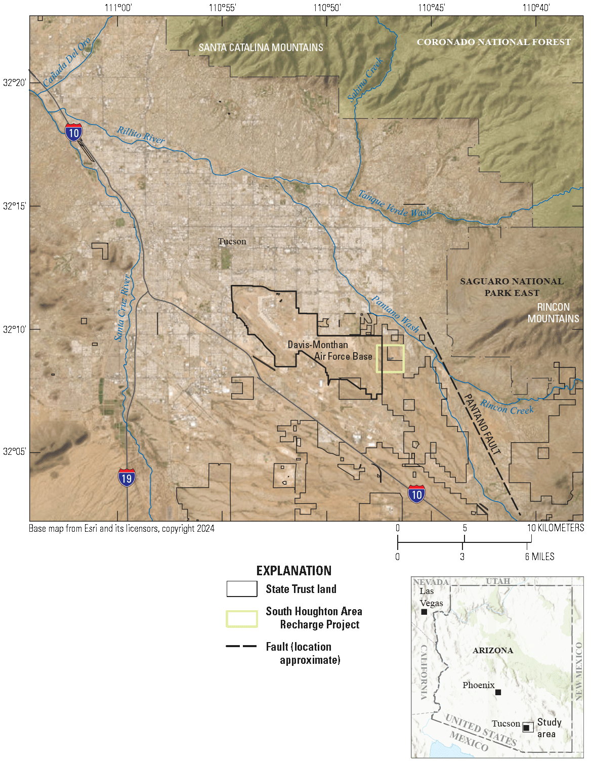 1.	Topographic map of Tucson area with ephemeral washes in blue and land use boundaries.