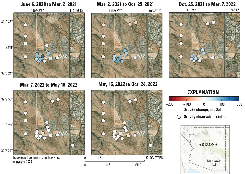 6.	Observed gravity changes during five different time periods, shown on imagery maps
                        of the facility