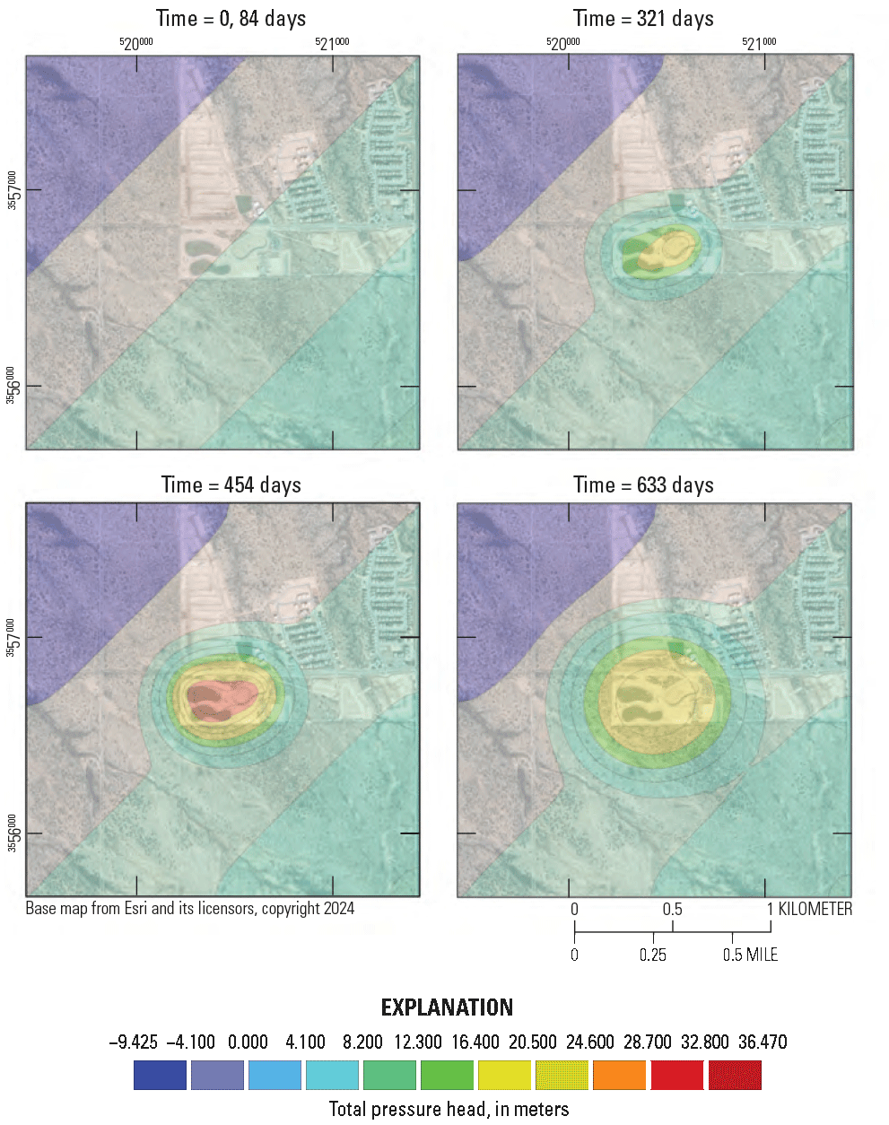 10.	 Surface of modeled pressure head indicates maximum head at 454 days from the
                        start of recharge.
