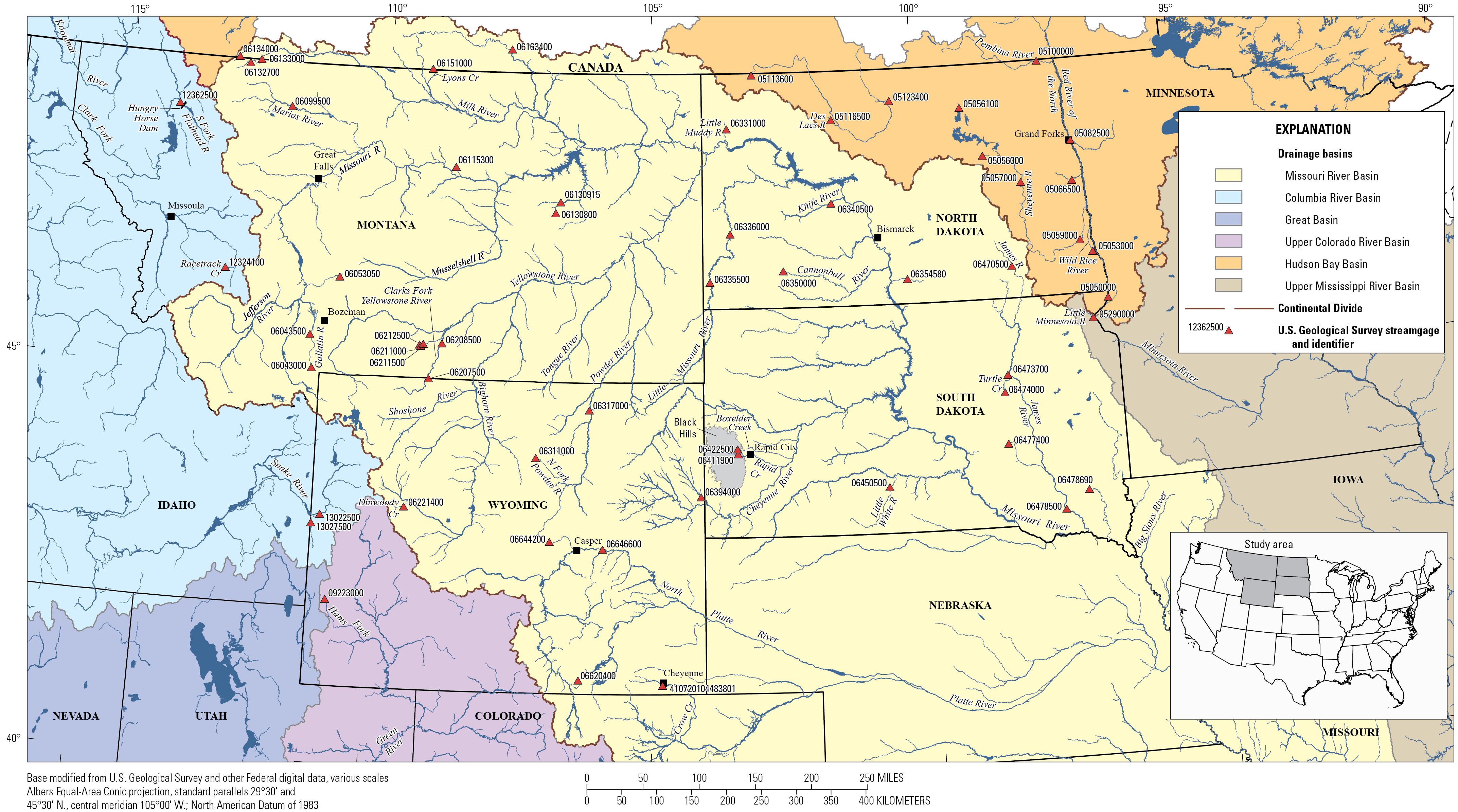 Selected streamgages are scattered throughout Montana, North Dakota, South Dakota,
and Wyoming, which are shaded to indicate the six major river basins in those States.