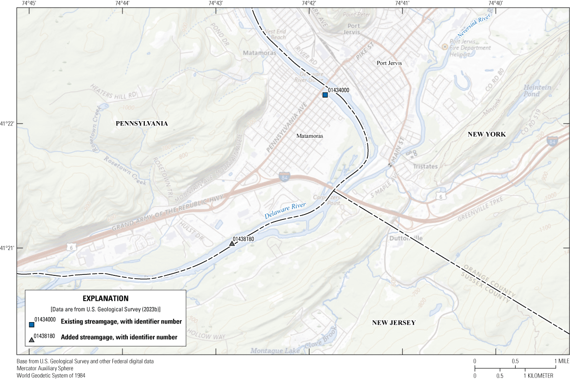 The Neversink River meets the Delaware River at the Pa., N.Y., and N.J. state boundary
                        in the southeast of the study area.