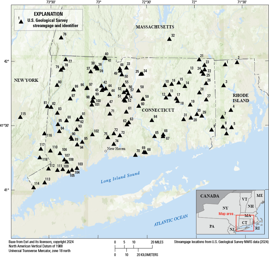 Most streamgages are throughout Connecticut, with several in New York, Massachusetts,
and Rhode Island.