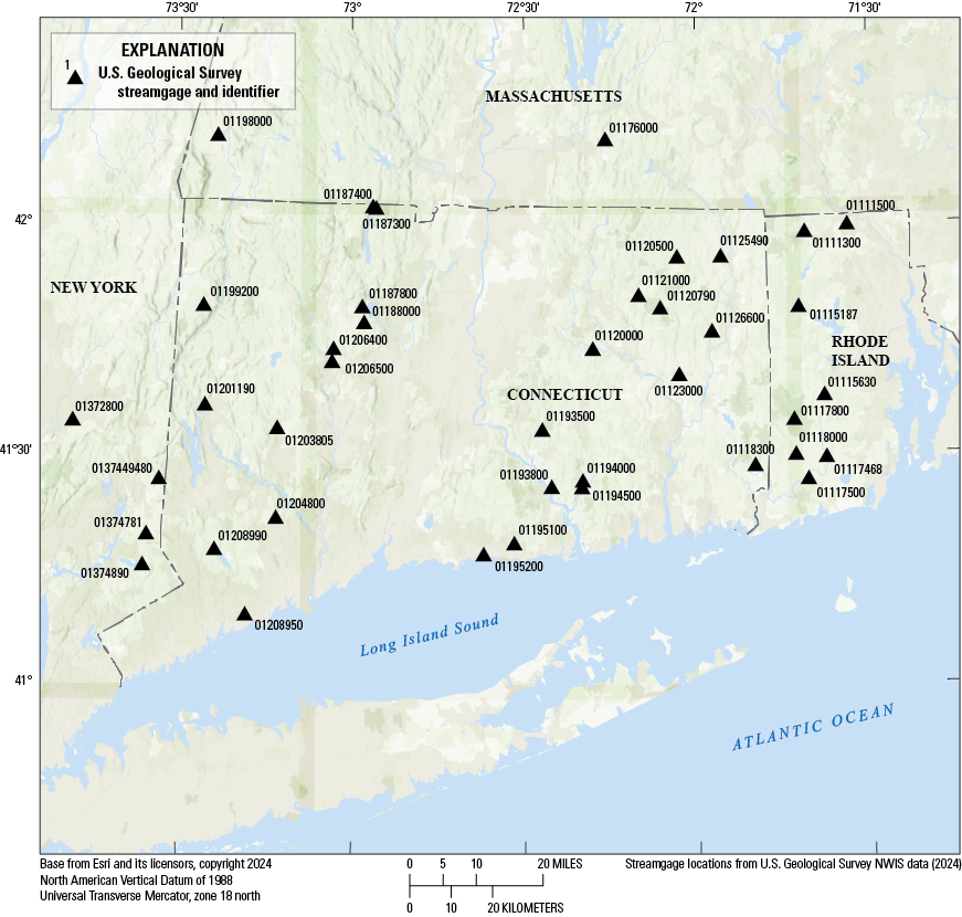 Most streamgages are within Connecticut, with several in Rhode Island and others in
New York and Massachusetts.