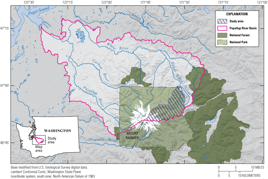 Location of the upper White River Basin (study area) within the Puyallup River Basin
                     and Mount Rainier National Park, Washington.