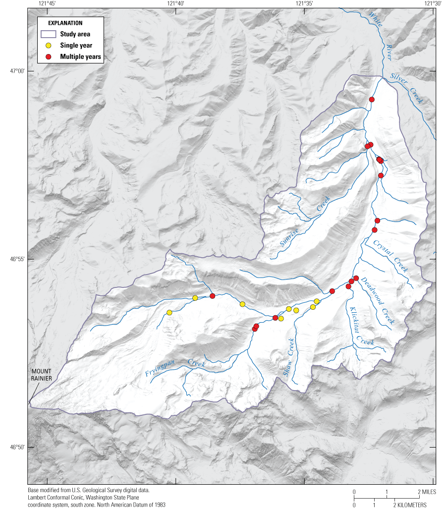 Locations of water-temperature measurement locations along National Stream Intranet
                        (NSI) flowlines included with spatial stream network (SSN) model of water temperature
                        within the upper White River Basin, Mount Rainier National Park, Washington
