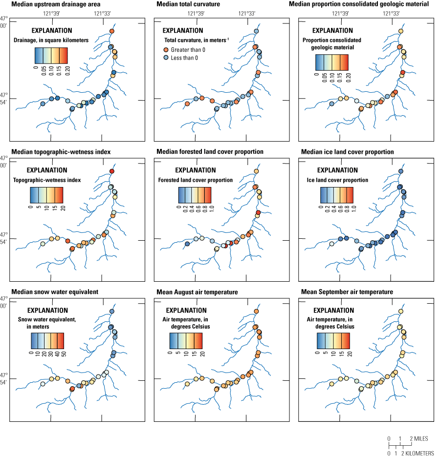Spatial distribution of covariates included within spatial stream network model of
                        the upper White River Basin: median upstream drainage area, median total curvature,
                        median proportion of consolidated geologic material, median topographic-wetness index,
                        median proportion forested land cover, median proportion snow/ice landcover, median
                        snow water equivalent, mean August air temperature, and mean September air temperature.
                        Air temperature covariates are presented as averages of years of water-temperature
                        measurements for each location.