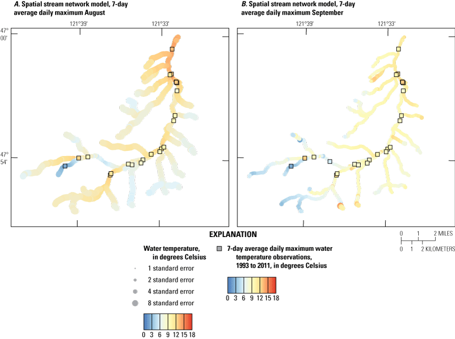 Predicted values of August and September 7-day average daily maximum (7-DADmax) water
                     temperature by spatial stream network models including the spatial autocovariance
                     structure