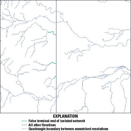 Some flowlines are falsely shown as terminal ends of isolated networks where those
flowlines meet the boundary between quadrangles of unmatched resolutions.