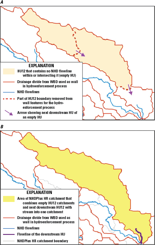 The boundary between two HU12s without flowline features is removed, as is the boundary
with the next downstream HU12, resulting in a catchment consisting of three HU12s.