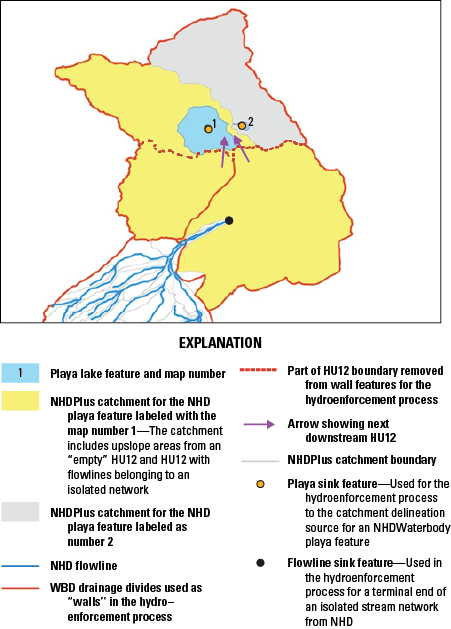 After hydroenforcement, the catchment for playa lake feature 1 includes upslope areas
from an “empty” HU12 and an HU12 with flowlines belonging to an isolated network.