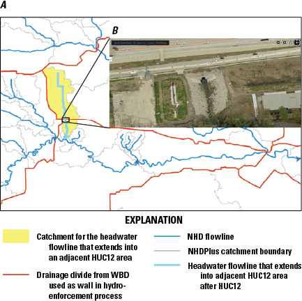 In map, headwater flowline crosses a WBD drainage divide used as a wall in hydroenforcement.
Photograph shows culvert connecting the areas.