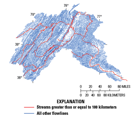 Streams greater than or equal to 100 kilometers are among numerous other flowlines.