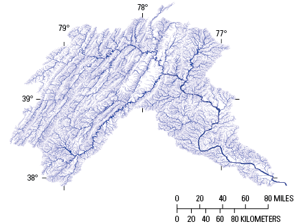 Lines are darkest and thickest in the main stem near the Chesapeake Bay. Lines become
thinner and lighter by multiple discernible gradations.